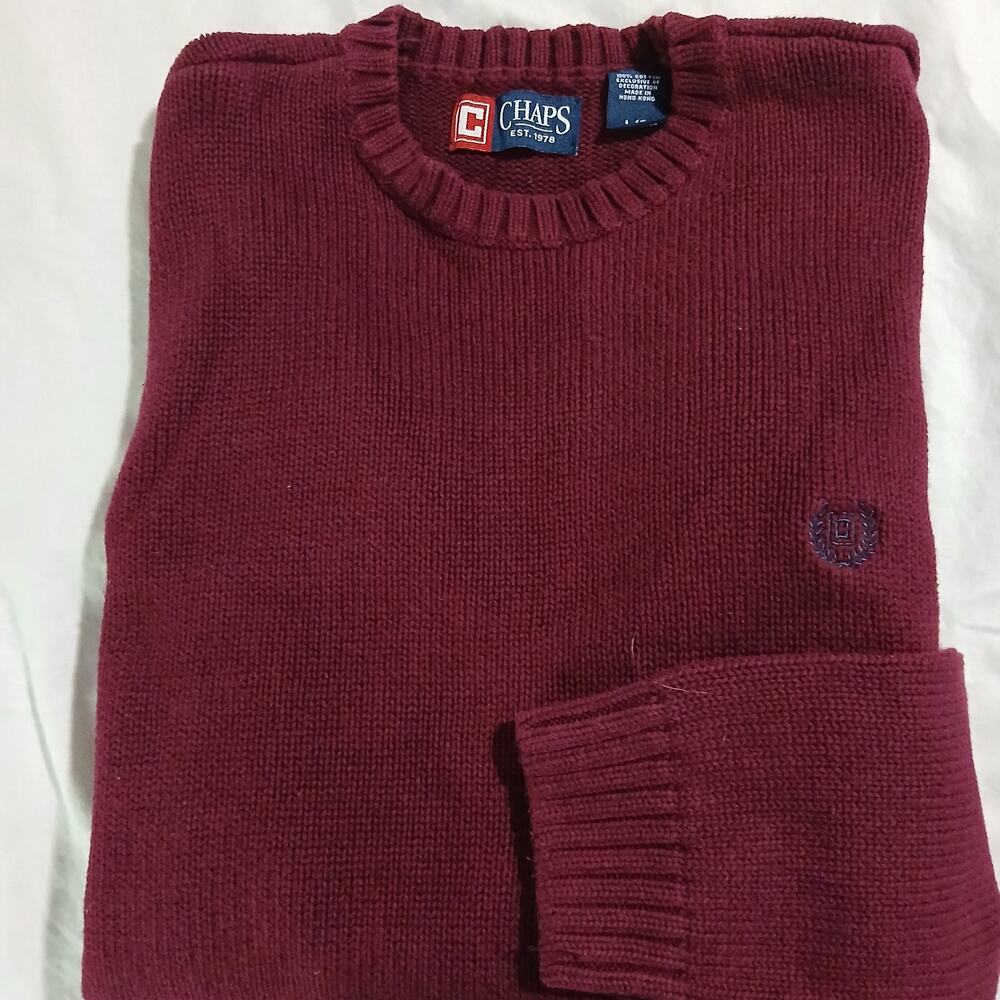 Chaps Men's Large Crew Neck 100% cotton Long-Sleeved Sweater Merlot Classic
